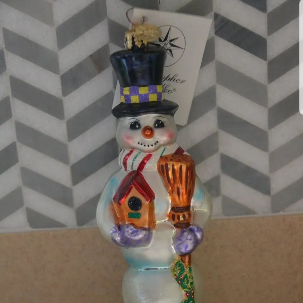 RARE CHRISTOPHER RADKO SLIM FROST SNOWMAN BIRD HOUSE CHRISTMAS HOLIDAY ORNAMENT